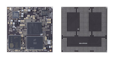 Vues de face et de dos du module système ADLINK OSM-MTK520 montrant le processeur MediaTek Genio 520, les puces de mémoire LPDDR5 et la matrice de billes (BGA) du format OSM Size-L.