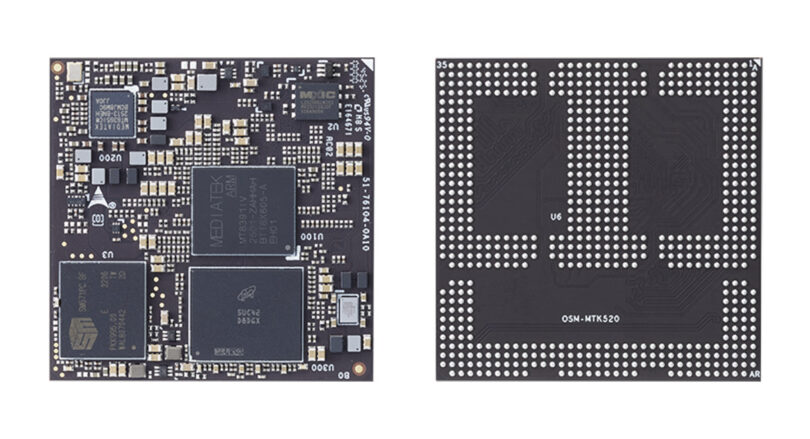 Vues de face et de dos du module système ADLINK OSM-MTK520 montrant le processeur MediaTek Genio 520, les puces de mémoire LPDDR5 et la matrice de billes (BGA) du format OSM Size-L.