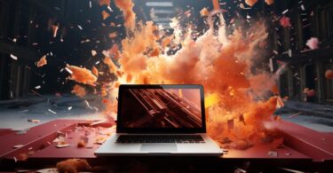 Illustration conceptuelle d'un MacBook sur une table rouge subissant une explosion de particules orangées, symbolisant le bug critique du compteur système macOS après 49 jours.