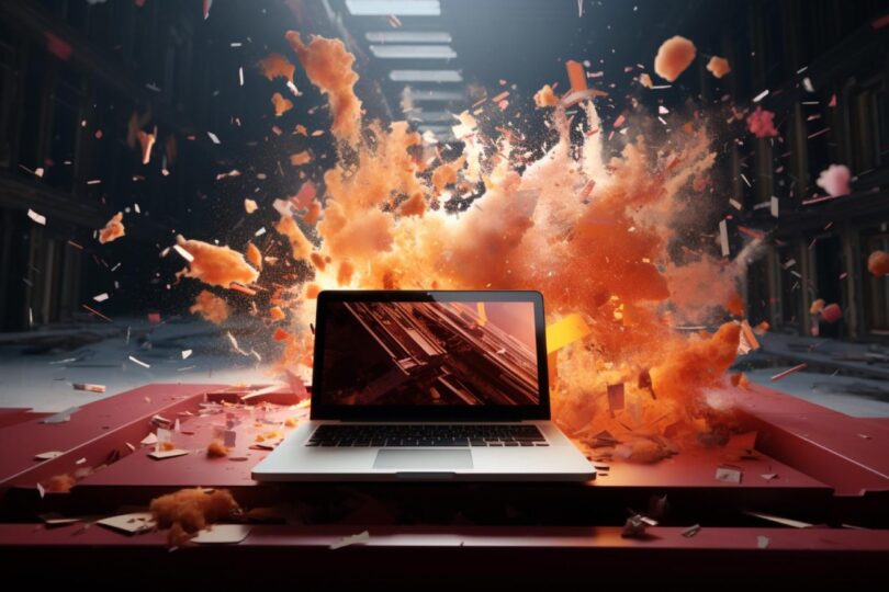 Illustration conceptuelle d'un MacBook sur une table rouge subissant une explosion de particules orangées, symbolisant le bug critique du compteur système macOS après 49 jours.