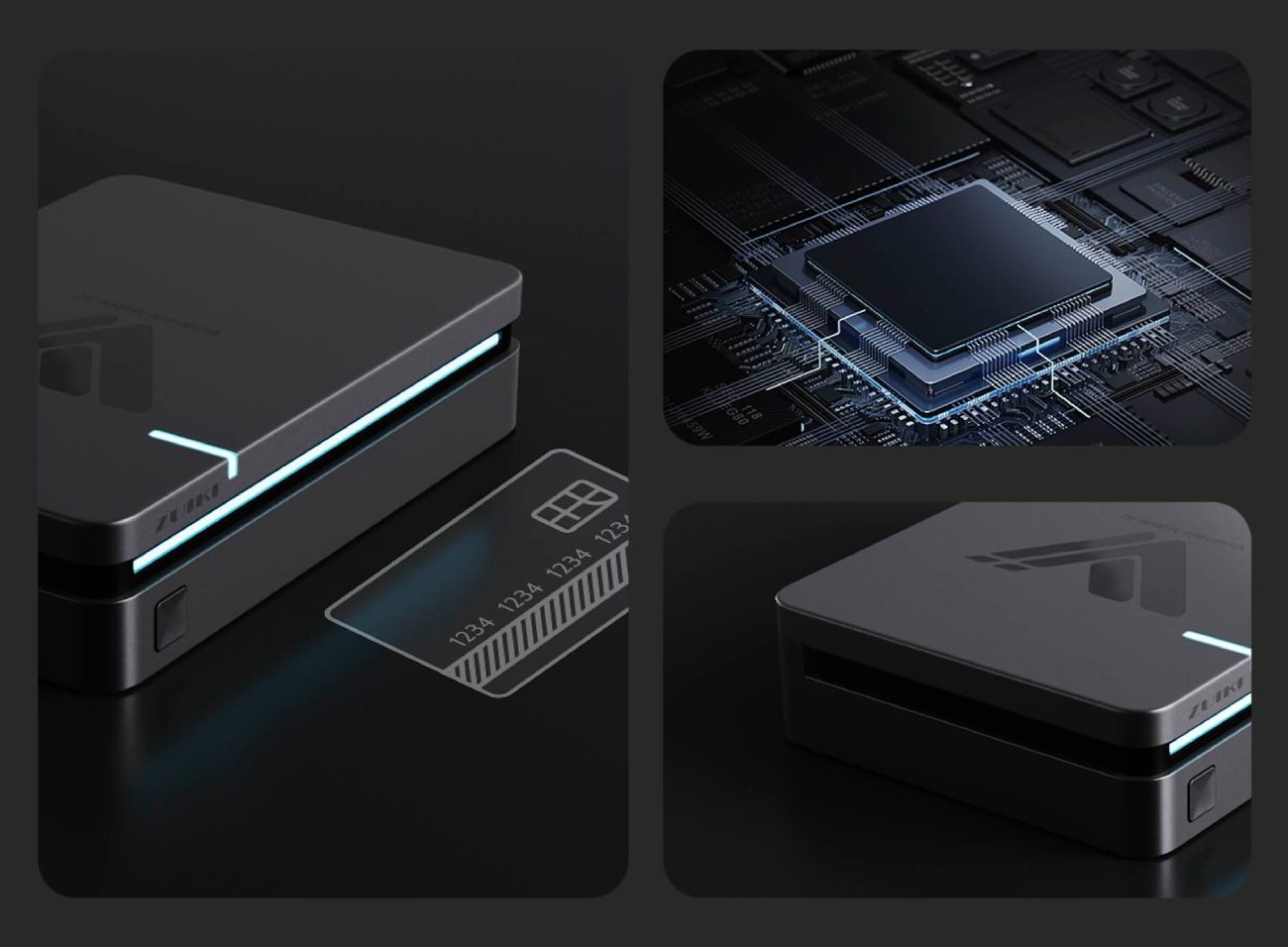 Montage de trois images du mini PC Zuiki Vividnode : à gauche, l'appareil comparé à la taille d'une carte de crédit ; en haut à droite, gros plan sur l'architecture interne du processeur RISC-V ; en bas à droite, vue globale du boîtier métallique compact avec son éclairage LED bleu.