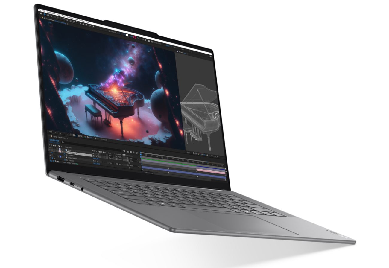 Vue de profil en perspective de l'ultrabook Lenovo Yoga Slim 7 Ultra 14 Aura montrant sa finesse et son châssis gris en aluminium.