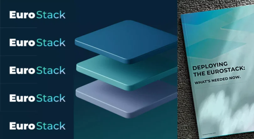 Visuel de la marque EuroStack présentant différentes variantes du logo à gauche et une pile 3D de trois blocs de stockage colorés (bleu, turquoise, gris) au centre. À droite, la couverture d'un livre blanc intitulée "Deploying the EuroStack: What's needed now".
