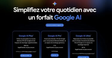 Capture d'écran de l'interface de souscription aux forfaits Google AI (Plus, Pro et Ultra) affichant les nouveaux tarifs et paliers de stockage, notamment le plan AI Pro avec 5 To de stockage cloud.