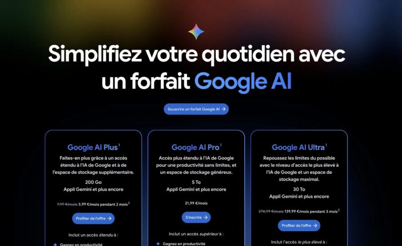 Capture d'écran de l'interface de souscription aux forfaits Google AI (Plus, Pro et Ultra) affichant les nouveaux tarifs et paliers de stockage, notamment le plan AI Pro avec 5 To de stockage cloud.