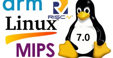 Logo de Linux 7.0 avec le manchot Tux et les logos des architectures ARM, RISC-V et MIPS, illustrant la compatibilité matérielle et les nouveautés du noyau.