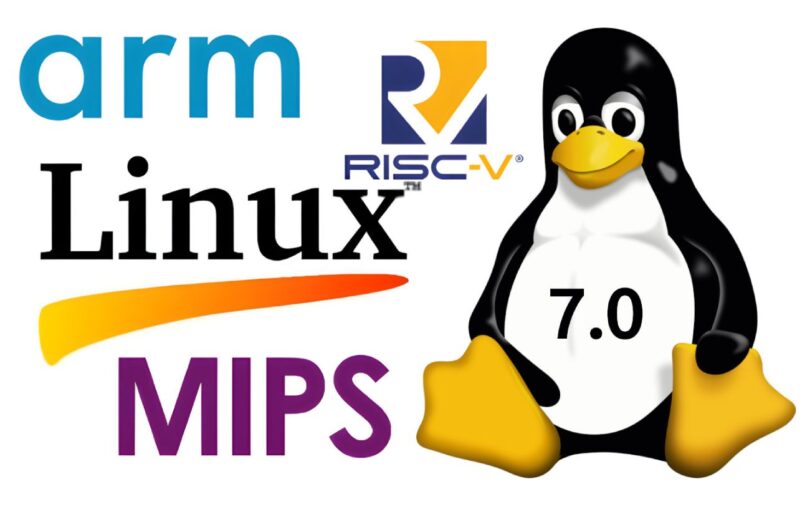 Logo de Linux 7.0 avec le manchot Tux et les logos des architectures ARM, RISC-V et MIPS, illustrant la compatibilité matérielle et les nouveautés du noyau.
