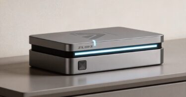Vue de trois-quarts du mini PC Jupiter de Milk-V, un boîtier métallique gris compact avec le logo Zuiki, présentant une fente horizontale rétroéclairée par une bande LED bleue et un bouton d'alimentation carré en façade.