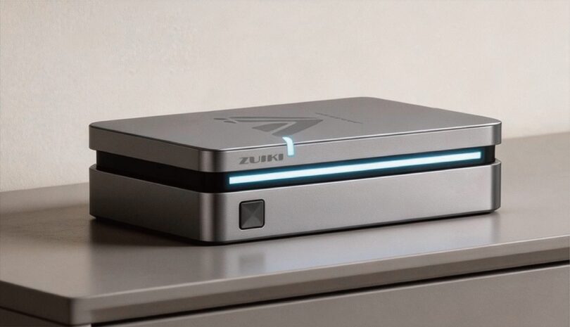 Vue de trois-quarts du mini PC Jupiter de Milk-V, un boîtier métallique gris compact avec le logo Zuiki, présentant une fente horizontale rétroéclairée par une bande LED bleue et un bouton d'alimentation carré en façade.