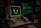 Un ordinateur rétro de style "hacking" avec un visage pixélisé souriant sur l'écran vert. Le moniteur affiche des lignes de code de type terminal (Kernel.32), des protocoles de sécurité outrepassés et des journaux d'exploitation. À côté, un mug "#1 Hacker" et des notes adhésives complètent l'ambiance cyber-sécurité.