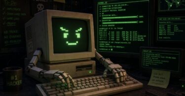 Un ordinateur rétro de style "hacking" avec un visage pixélisé souriant sur l'écran vert. Le moniteur affiche des lignes de code de type terminal (Kernel.32), des protocoles de sécurité outrepassés et des journaux d'exploitation. À côté, un mug "#1 Hacker" et des notes adhésives complètent l'ambiance cyber-sécurité.