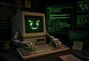 Un ordinateur rétro de style "hacking" avec un visage pixélisé souriant sur l'écran vert. Le moniteur affiche des lignes de code de type terminal (Kernel.32), des protocoles de sécurité outrepassés et des journaux d'exploitation. À côté, un mug "#1 Hacker" et des notes adhésives complètent l'ambiance cyber-sécurité.