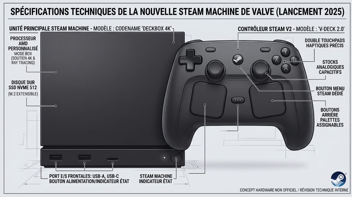 Comparaison côte à côte du boîtier compact de la Steam Machine 2026 et du nouveau Steam Controller avec trackpads améliorés, illustrant le nouvel écosystème de salon de Valve.