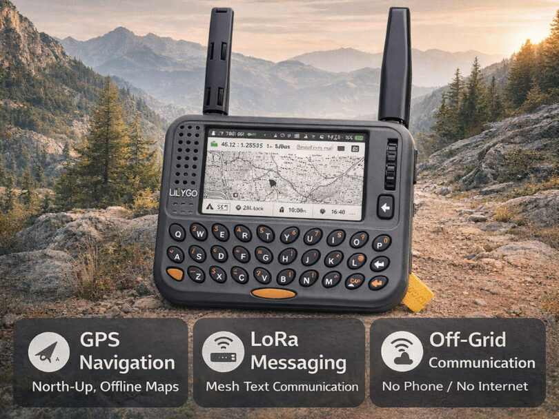 LILYGO T-LoRa Pager avec firmware Trail Mate affichant une carte GPS offline en montagne