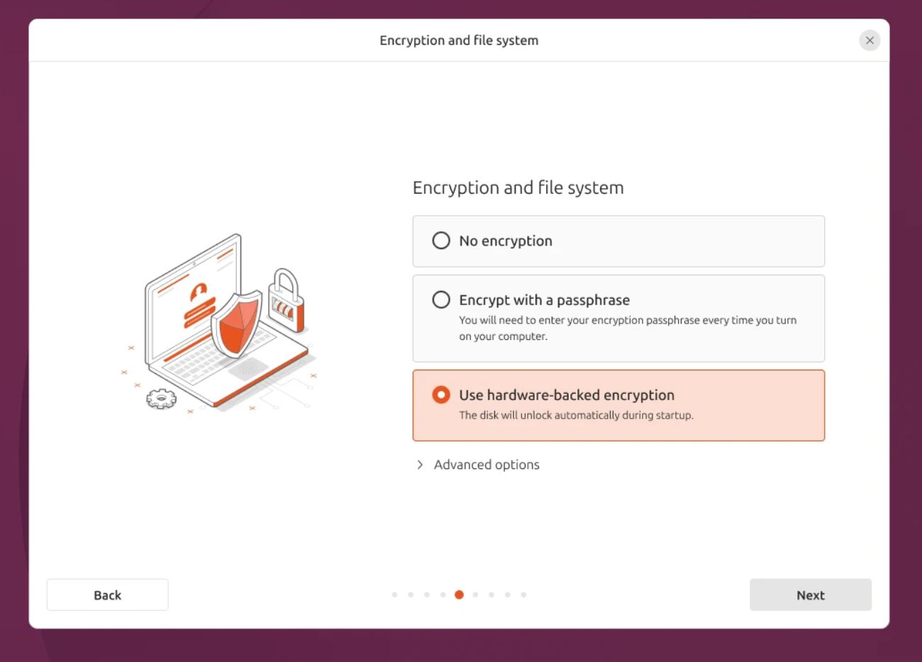 Interface d'installation d'Ubuntu montrant l'option "Use hardware-backed encryption" pour un chiffrement de disque complet basé sur TPM.