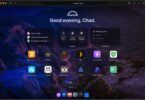 Capture d'écran de l'interface d'accueil d'UmbrelOS affichant le tableau de bord "Good evening, Chad". On y voit les widgets d'état (température, stockage, mémoire) et une grille d'applications installées incluant Bitcoin Node, Home Assistant, Plex, Pi-hole, et Ollama sur un fond de paysage nocturne.