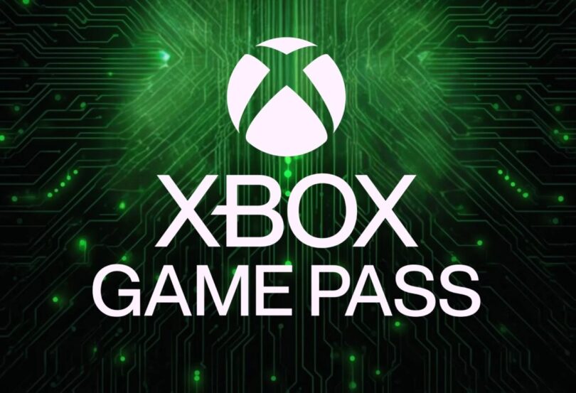 Logo officiel Xbox Game Pass blanc centré sur un arrière-plan technologique vert néon représentant des circuits imprimés et des flux de données numériques "électriques".
