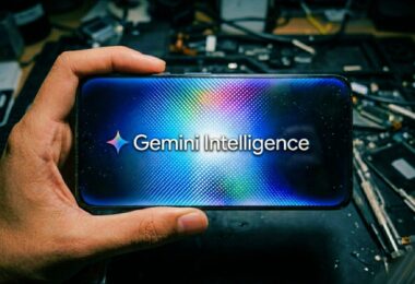 Smartphone tenu en main affichant le logo Gemini Intelligence de Google sur un fond étoilé et lumineux, posé sur un plan de travail électronique en vue de l'intégration dans Android 17.