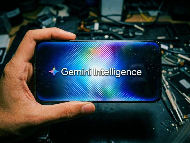 Smartphone tenu en main affichant le logo Gemini Intelligence de Google sur un fond étoilé et lumineux, posé sur un plan de travail électronique en vue de l'intégration dans Android 17.