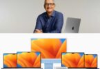 Montage montrant Tim Cook souriant à côté d'un MacBook, surplombant une gamme de produits Apple comprenant des MacBook Pro, un iMac 24 pouces bleu et un Mac mini, tous affichant un fond d'écran orange.