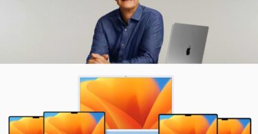 Montage montrant Tim Cook souriant à côté d'un MacBook, surplombant une gamme de produits Apple comprenant des MacBook Pro, un iMac 24 pouces bleu et un Mac mini, tous affichant un fond d'écran orange.