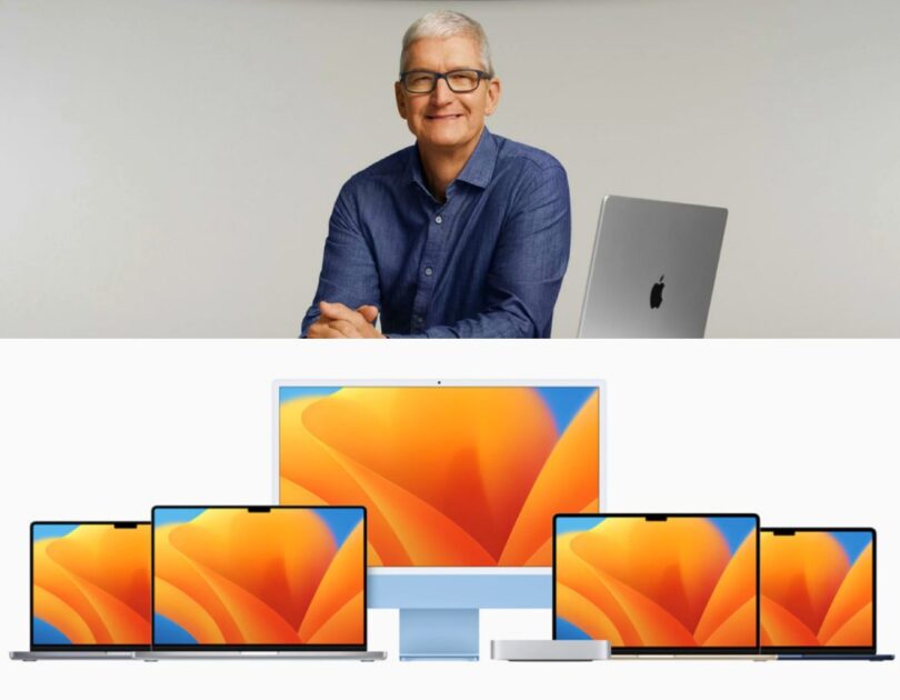 Montage montrant Tim Cook souriant à côté d'un MacBook, surplombant une gamme de produits Apple comprenant des MacBook Pro, un iMac 24 pouces bleu et un Mac mini, tous affichant un fond d'écran orange.