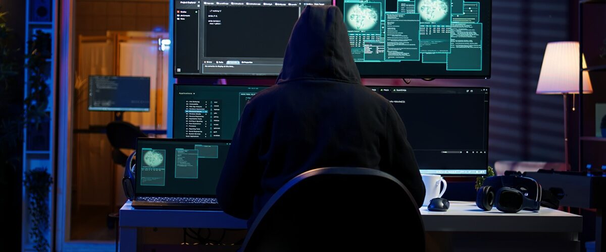 Illustration cybersécurité représentant un attaquant encapuchonné face à trois écrans affichant du code d'exploit et des visualisations d'intrusion, scène typique d'exploitation d'une vulnérabilité Windows comme la faille BitLocker YellowKey CVE-2026-45585.