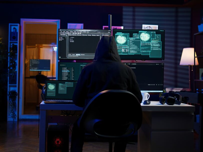 Illustration cybersécurité représentant un attaquant encapuchonné face à trois écrans affichant du code d'exploit et des visualisations d'intrusion, scène typique d'exploitation d'une vulnérabilité Windows comme la faille BitLocker YellowKey CVE-2026-45585.
