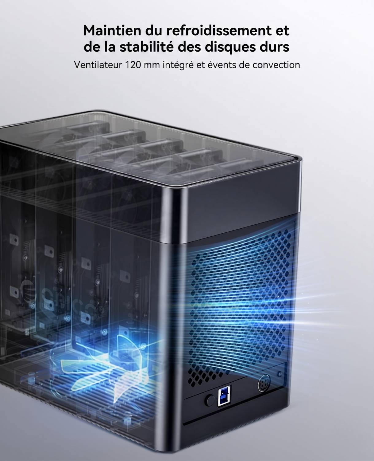 Visuel marketing officiel Orico DS500U3 en coque transparente montrant le ventilateur 120 mm dual ball bearing, flux d'air bleu stylisé traversant les évents en nid d'abeille et port USB 3.0 Type-B visible en façade arrière.