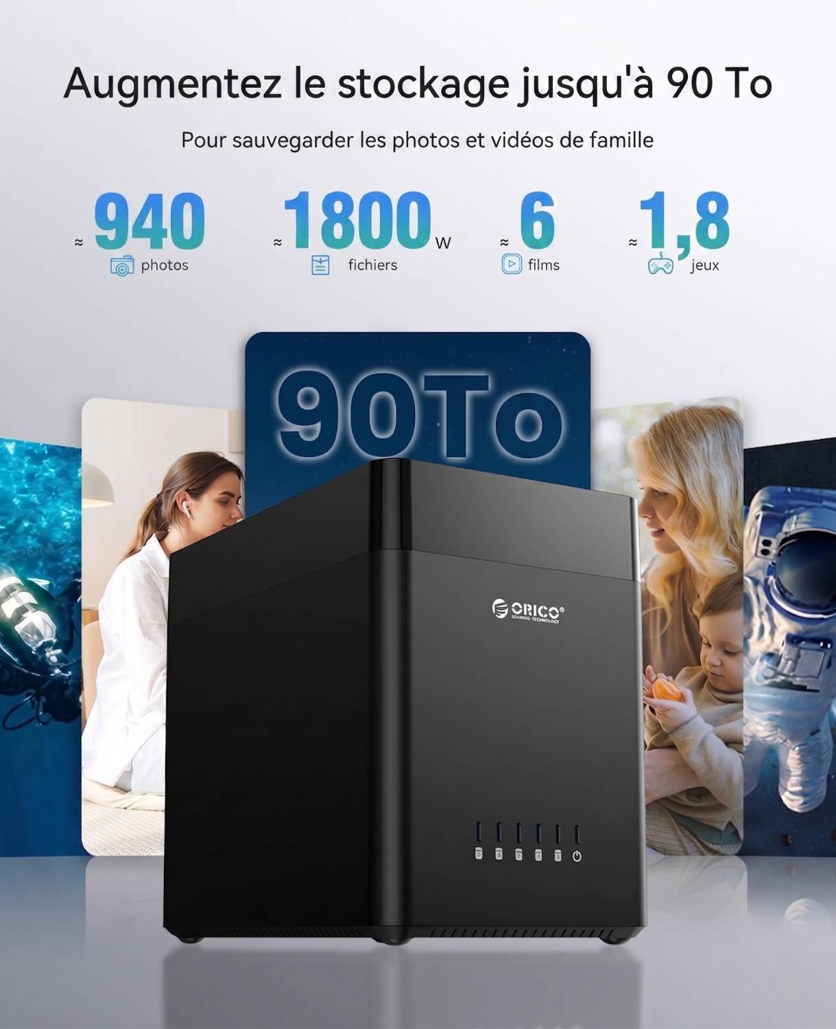Visuel marketing officiel Orico DS500U3 illustrant la capacité maximale 90 To pour sauvegarder photos de famille, fichiers personnels, films et jeux vidéo, boîtier noir 5 baies au premier plan et clichés famille en arrière-plan.