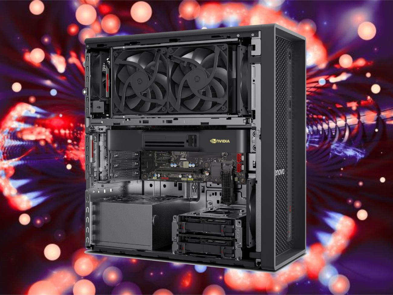 Vue intérieure détaillée du châssis de la Lenovo ThinkStation P4 révélant la carte graphique Nvidia RTX Pro 6000 Blackwell, le système de refroidissement à double ventilateur et les baies de stockage de 3,5 pouces.