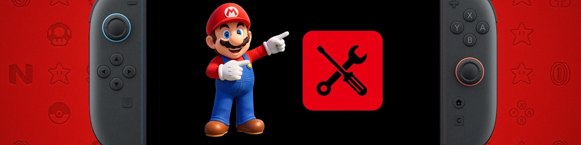 Illustration d'une console Nintendo Switch affichant une icône de maintenance et Mario, surmontée d'une batterie lithium-ion de remplacement sur fond rouge texturé de symboles Nintendo.