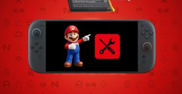 Illustration d'une console Nintendo Switch affichant une icône de maintenance et Mario, surmontée d'une batterie lithium-ion de remplacement sur fond rouge texturé de symboles Nintendo.
