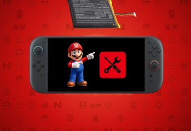 Illustration d'une console Nintendo Switch affichant une icône de maintenance et Mario, surmontée d'une batterie lithium-ion de remplacement sur fond rouge texturé de symboles Nintendo.