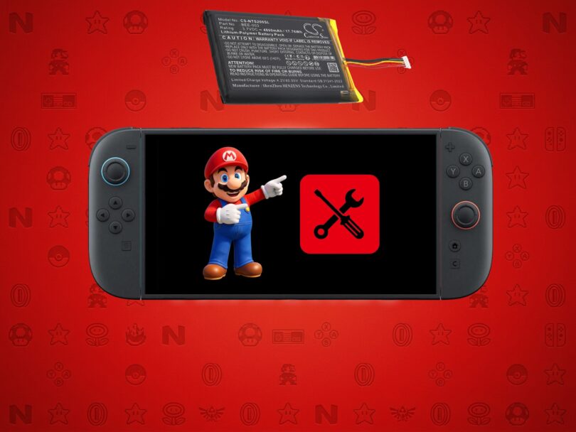 Illustration d'une console Nintendo Switch affichant une icône de maintenance et Mario, surmontée d'une batterie lithium-ion de remplacement sur fond rouge texturé de symboles Nintendo.