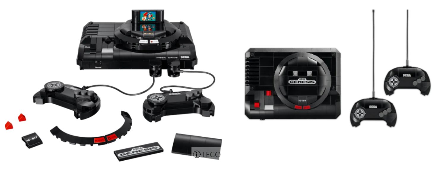 Reproduction en briques LEGO d'une console SEGA Mega Drive (Genesis) noire avec deux manettes filaires et une cartouche de jeu insérée, illustrant le nouveau design nostalgique de la marque.