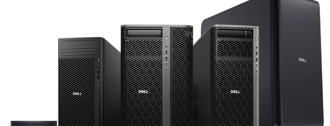 Gamme d'ordinateurs et stations de travail Dell Deskside Agentic AI alignés par taille, allant du modèle compact Dell Pro Max GB10 aux imposantes tours Pro Precision 9 pour l'IA locale.