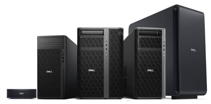 Gamme d'ordinateurs et stations de travail Dell Deskside Agentic AI alignés par taille, allant du modèle compact Dell Pro Max GB10 aux imposantes tours Pro Precision 9 pour l'IA locale.