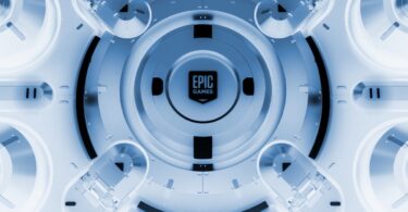 Visuel promotionnel futuriste de l'Epic Games Store présentant le logo central dans un design technologique blanc et bleu, illustrant l'annonce des jeux mystères gratuits de mai 2026.