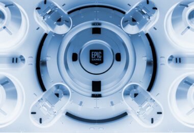 Visuel promotionnel futuriste de l'Epic Games Store présentant le logo central dans un design technologique blanc et bleu, illustrant l'annonce des jeux mystères gratuits de mai 2026.