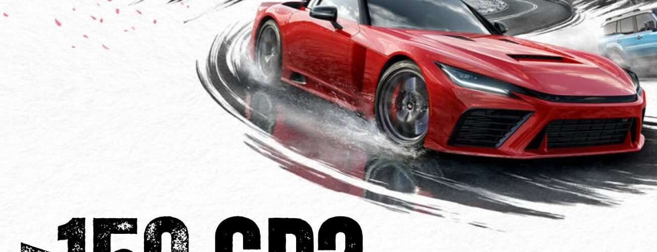 Illustration de Forza Horizon 6 montrant une voiture de sport rouge en dérapage sur une route de montagne au Japon, avec le mont Fuji en arrière-plan et l'inscription textuelle "> 150 GB?".