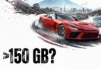 Illustration de Forza Horizon 6 montrant une voiture de sport rouge en dérapage sur une route de montagne au Japon, avec le mont Fuji en arrière-plan et l'inscription textuelle "> 150 GB?".