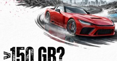 Illustration de Forza Horizon 6 montrant une voiture de sport rouge en dérapage sur une route de montagne au Japon, avec le mont Fuji en arrière-plan et l'inscription textuelle "> 150 GB?".