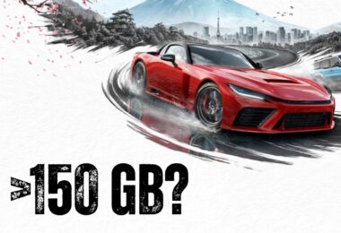 Illustration de Forza Horizon 6 montrant une voiture de sport rouge en dérapage sur une route de montagne au Japon, avec le mont Fuji en arrière-plan et l'inscription textuelle "> 150 GB?".