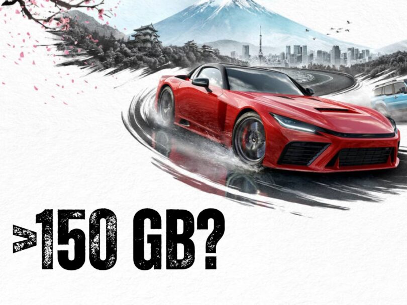 Illustration de Forza Horizon 6 montrant une voiture de sport rouge en dérapage sur une route de montagne au Japon, avec le mont Fuji en arrière-plan et l'inscription textuelle "> 150 GB?".