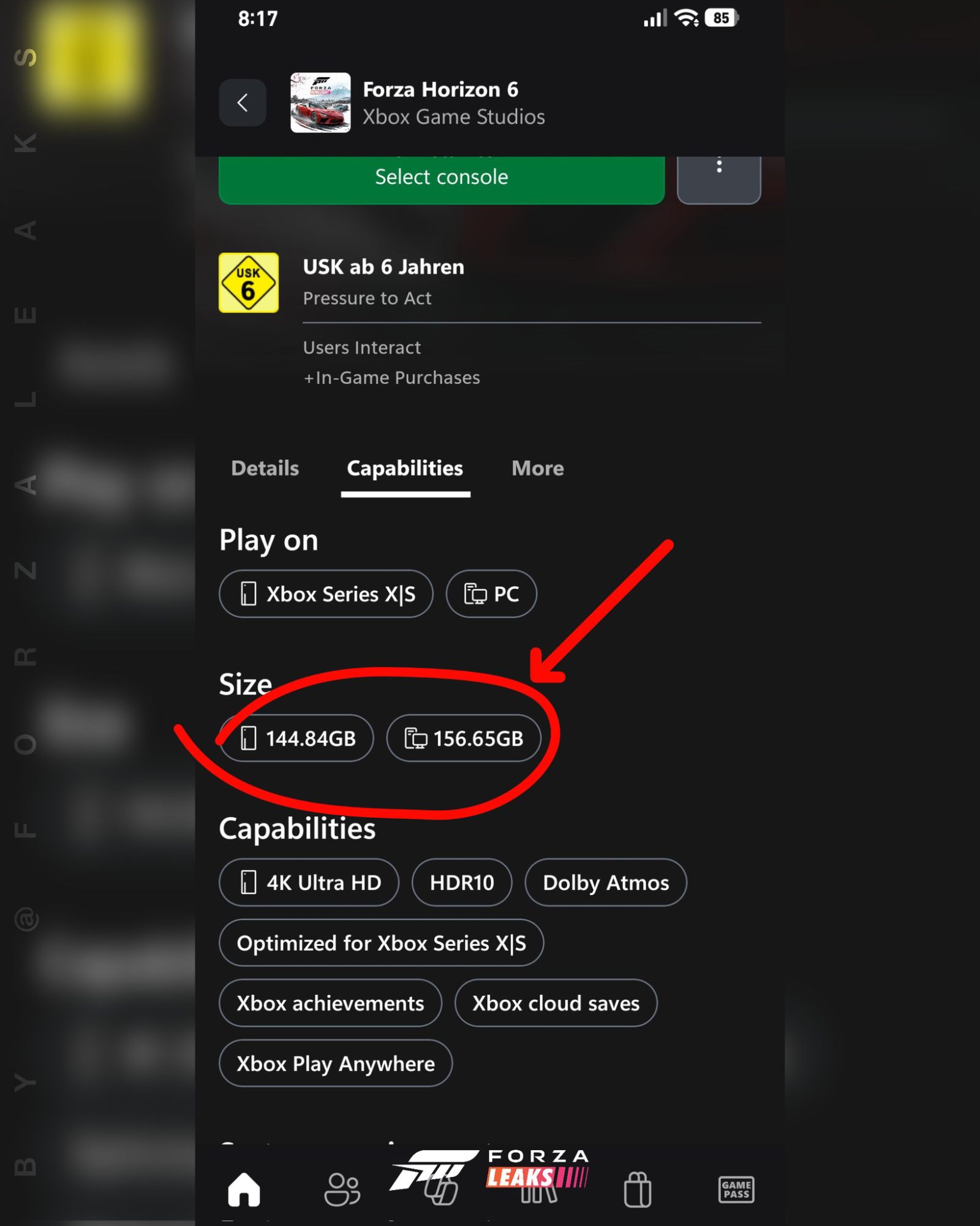Capture d'écran de l'interface Xbox montrant les spécifications techniques de Forza Horizon 6, avec un cercle rouge mettant en évidence la taille du jeu : 144,84 Go sur console et 156,65 Go sur PC.