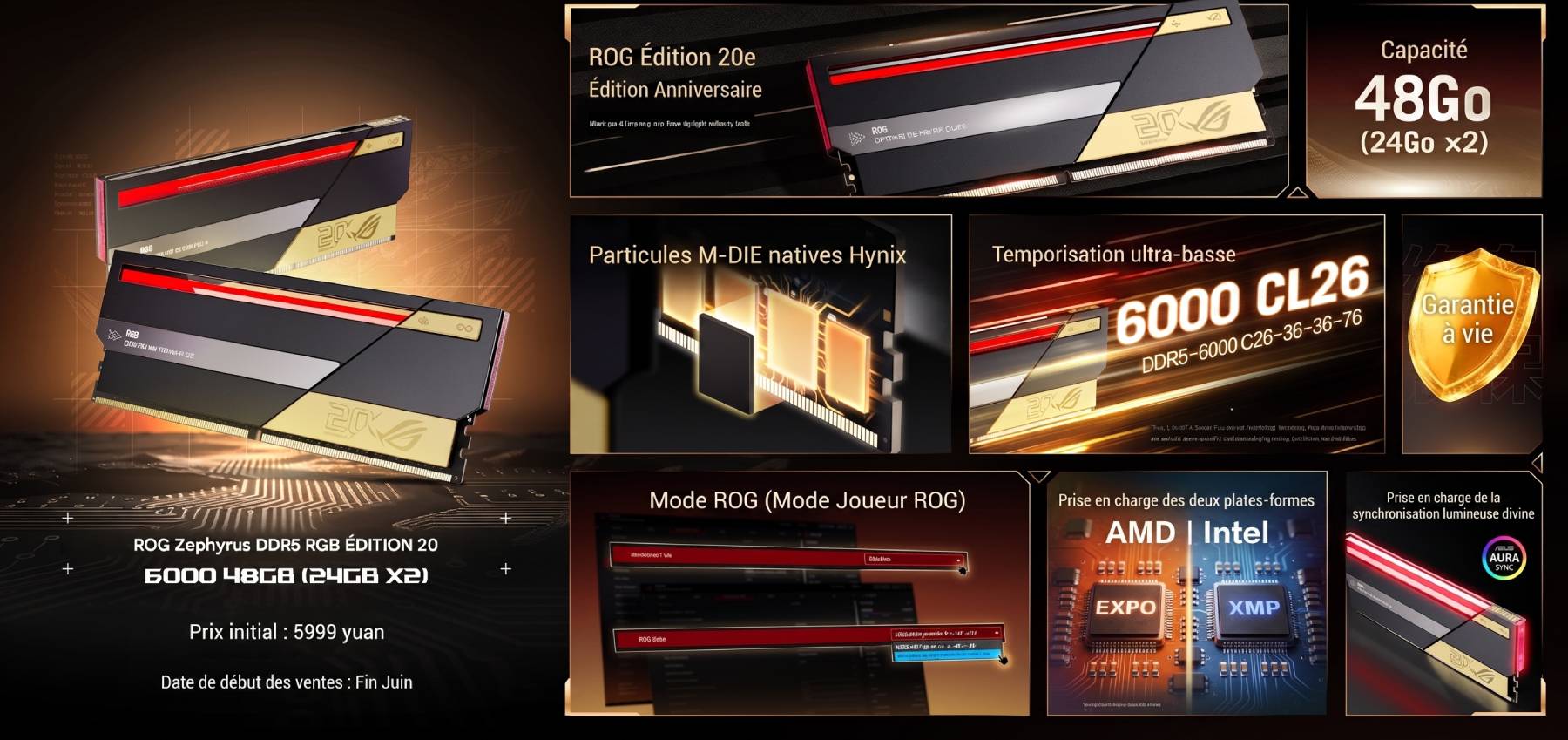 Infographie en français détaillant les caractéristiques de la RAM DDR5 ROG Édition 20 : 48 Go (2x24 Go), 6000 CL26, puces Hynix M-DIE, profils AMD EXPO et Intel XMP, et compatibilité ASUS Aura Sync.