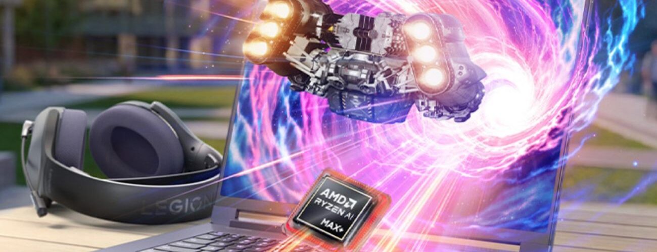 Ordinateur portable gaming Lenovo Legion 7a violet ouvert sur une table en extérieur, affichant une explosion d'effets visuels et un vaisseau spatial sortant de l'écran. Un processeur AMD Ryzen AI Max+ est mis en avant avec des effets de lumière, accompagné d'un casque et d'une souris Legion.
