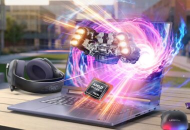Ordinateur portable gaming Lenovo Legion 7a violet ouvert sur une table en extérieur, affichant une explosion d'effets visuels et un vaisseau spatial sortant de l'écran. Un processeur AMD Ryzen AI Max+ est mis en avant avec des effets de lumière, accompagné d'un casque et d'une souris Legion.