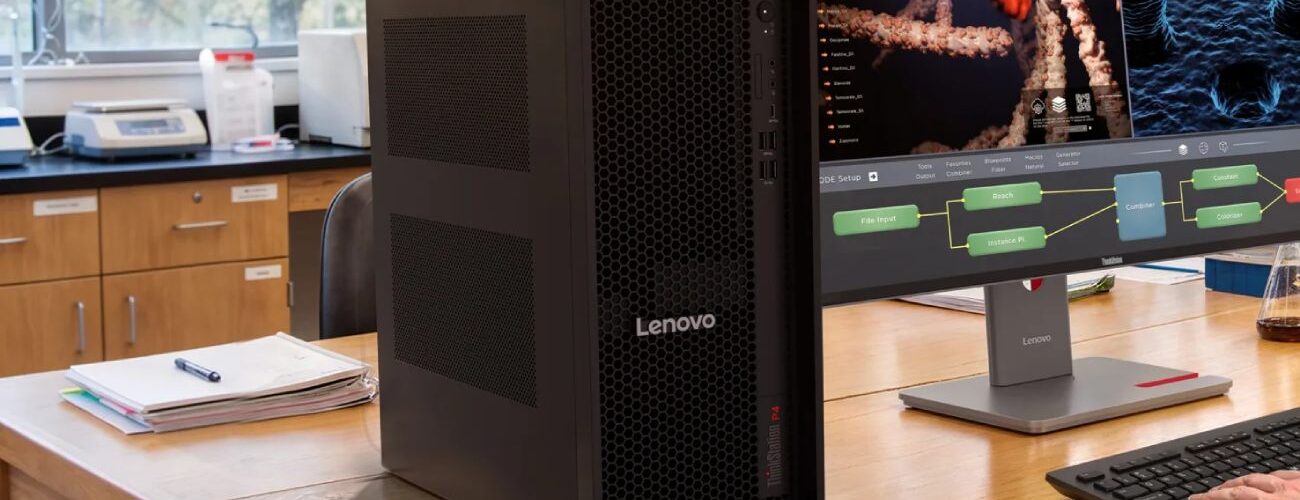 Station de travail tour Lenovo ThinkStation P4 de 30 litres sur un bureau professionnel, équipée d'un processeur AMD Ryzen 9 Pro et d'un GPU Nvidia RTX Pro 6000 Blackwell pour le rendu 3D et le calcul scientifique.